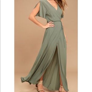 Washed Olive Green Wrap Maxi Dress